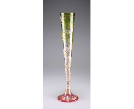 A LATE 19TH/EARLY 20TH CENTURY AUSTRIAN MOSER KARLSBAD LARGE GLASS VASE of tall fluted form, with a short knopped stem over a