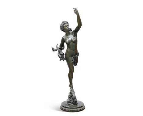 AFTER GIAMBOLOGNA, A LARGE BRONZE FIGURE OF FORTUNA, 19TH CENTURY cast standing on a wheel and holding a cornucopia filled wi