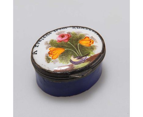 A GEORGE III ENAMEL PATCH BOX oval, the hinged cover decorated with a bird and flowers, and inscribed A Present From Hungerfo
