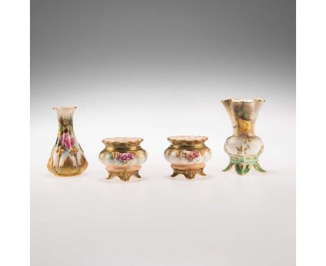 A GROUP OF ROYAL WORCESTER comprising Hadley's bud-shaped vase; a pair of Royal Worcester salts (or small bowls); and a Royal