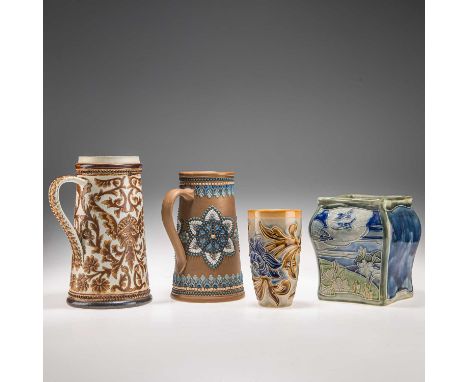 A GROUP OF DOULTON STONEWARE comprising a Doulton Lambeth beaker, by Louisa J. Davis, circa 1883, decorated with flowers on a