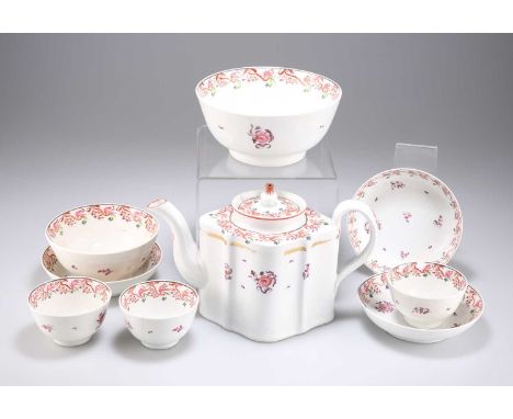 AN EARLY 19TH CENTURY NEW HALL PORCELAIN TEA SERVICE comprising a 'silver' shaped teapot, three tea bowls and saucers, a suga