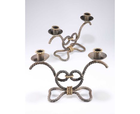 A PAIR OF IRON 'ROPEWORK' TWO-LIGHT CANDELABRA 20th Century. (2) 36cm wide