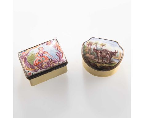 TWO 18TH CENTURY ENAMEL BOXES the first rectangular, the hinged cover decorated with a lady, the second D-shaped, the hinged 