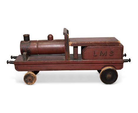 A NAÏVE WOODEN MODEL OF A TRAIN with lift-off small stool, numbered 235. 64cm long
