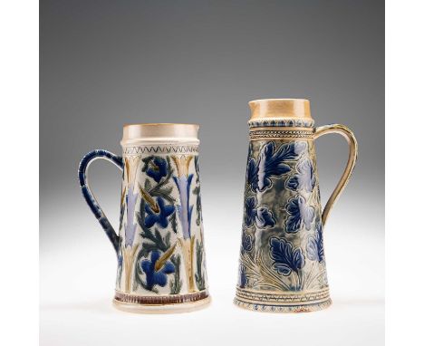ARTHUR B. BARLOW FOR DOULTON LAMBETH, TWO LATE 19TH CENTURY STONEWARE JUGS of tapering cylindrical form, each decorated with 