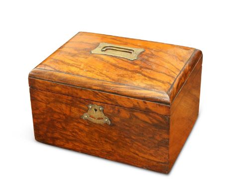 A VICTORIAN WALNUT BUTTON BOX with recessed brass carrying handle and engraved brass escutcheon, the silk-lined interior cont