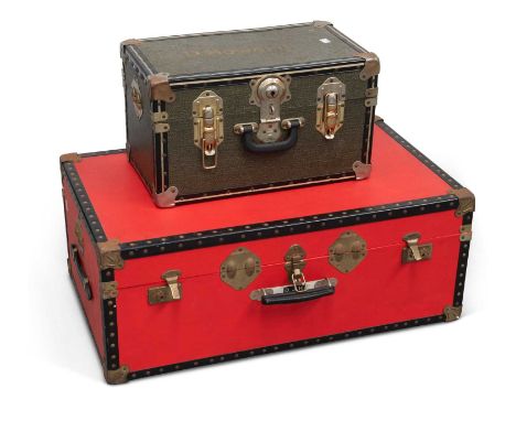 AN OVERPOND 20-INCH TRAVEL TRUNK, AND A LARGER RED TRAVEL TRUNK (2) Larger trunk 83cm wide