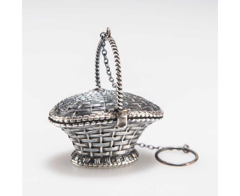 A STERLING SILVER BASKET-FORM POMANDER, PROBABLY AMERICAN the hinged cover with a fixed handle, numbered 2033. 5.5cm wide, 1.