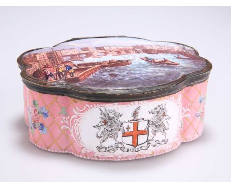 A LATE 18TH CENTURY ENAMEL TABLE SNUFF BOX of lobed form, the hinged cover depicting Old London Bridge, the box further decor