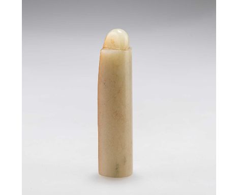 A CHINESE JADE PLUME HOLDER tubular with one side flattened, partially hollowed out and surmounted by a perforated panel, cel