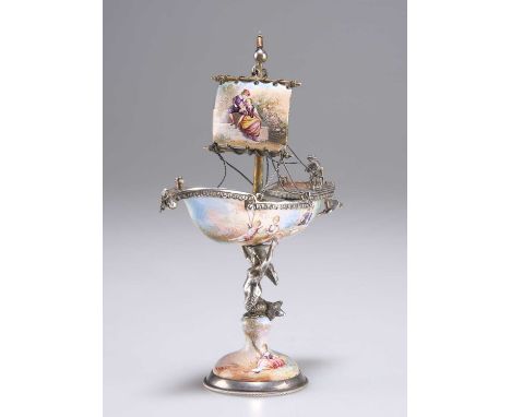 A VIENNESE SILVER AND ENAMEL MINIATURE NEF, BY LUDWIG POLITZER, VIENNA, LATE 19TH CENTURY the sail painted with a courting co