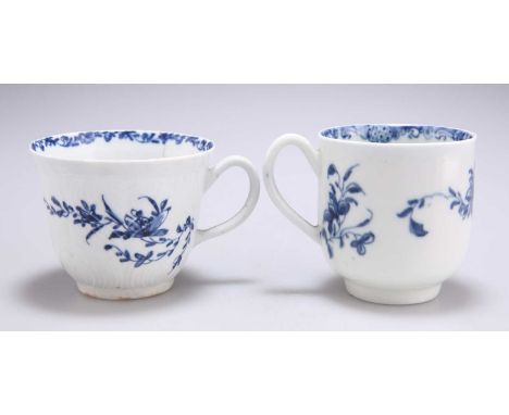 TWO 18TH CENTURY WORCESTER BLUE AND WHITE CUPS the first 'Mansfield' pattern, c.1770; the second feather-moulded, c.1758, wit