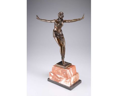 AN ART DECO STYLE BRONZE AND MARBLE FIGURE, THE 'PHOENICIAN DANCER' on a stepped black and red marble base. 48cm high