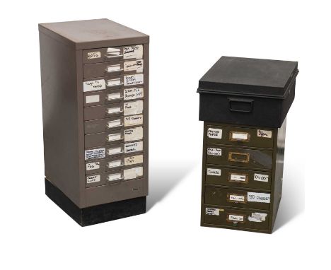 A VINTAGE 'STOR' TEN-DRAWER METAL FILING CABINET, A SMALLER FIVE-DRAWER CABINET AND A STRONG-BOX (3) Larger 71cm high