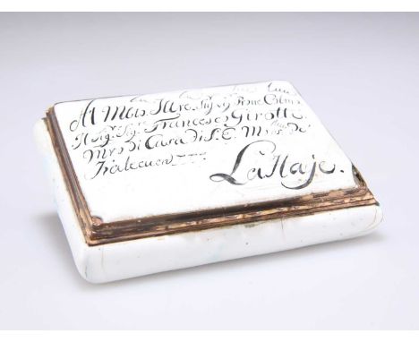 A RARE 18TH CENTURY GERMAN ENAMEL BOX, DRESDEN, CIRCA 1760 in the form of an envelope, inscribed in Italian on both sides of 