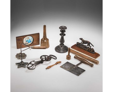 A SMALL GROUP OF KITCHENALIA AND TREEN including a W. Gilpin Wedges Mills dough cutter; a double pastry cutter; two mashers; 