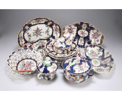 A COLLECTION OF WORCESTER BLUE-SCALE GROUND PORCELAIN, CIRCA 1770 each painted with panels of flowers within gilt C-scroll bo