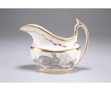 A SPODE PORCELAIN BAT PRINTED CREAM JUG, CIRCA 1810-15 bat printed en-grisaille with a pair of rabbits and a pair of swans in