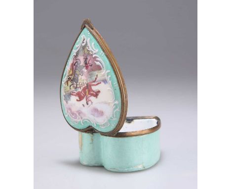 A CONTINENTAL HEART-SHAPED ENAMEL SNUFF BOX, PROBABLY 19TH CENTURY painted with two figures on horseback jumping a fence, one