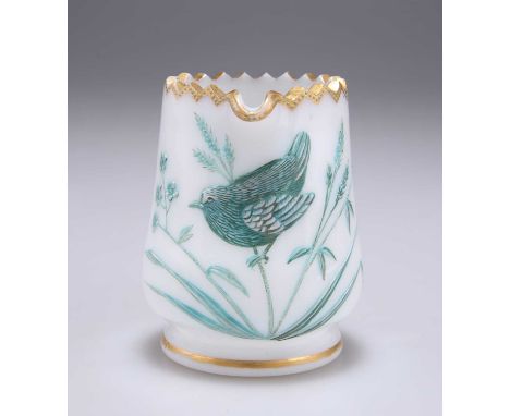 A VICTORIAN MOULDED WHITE MILK GLASS CREAM JUG with gilt rim and reeded handle, the moulded front heightened in blue with a w