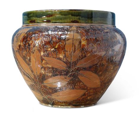 A LARGE LATE 19TH CENTURY ROYAL DOULTON AUTUMN LEAVES JARDINIÈRE  impressed marks, numbered 799. 35cm high, 39cm diameterVari