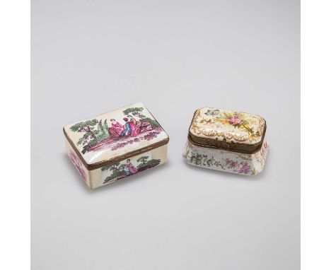 A LATE 18TH CENTURY CONTINENTAL ENAMEL SNUFF BOX rectangular, the cover decorated with figures in a clearing, the front and b