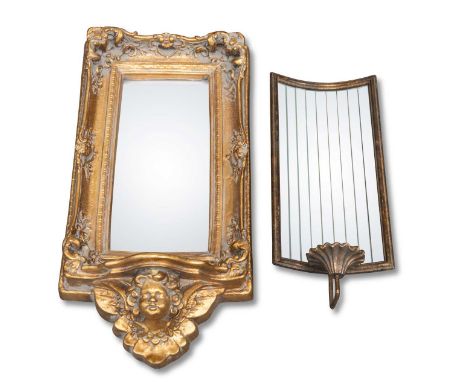 A PERIOD STYLE GILT-COMPOSITION MIRROR, AND A CONTEMPORARY GIRANDOLE the period style mirror with shelf, the girandole with s