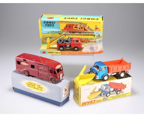 A DINKY TOY FORD D.800 SNOW PLOUGH AND TIPPER TRUCK, NO. 439 together with a Dinky 981 Horse Box, and a Corgi Toys 64 Working