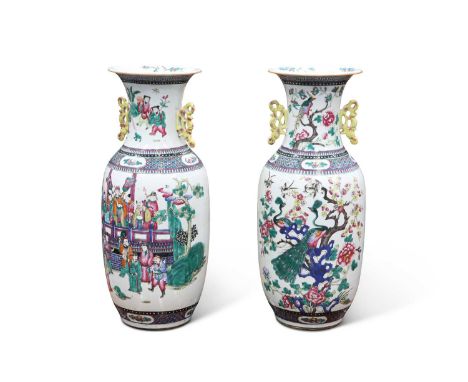 A LARGE PAIR OF CHINESE FAMILLE ROSE VASES, 19TH CENTURY of baluster form, with applied handles to the necks, enamel painted 