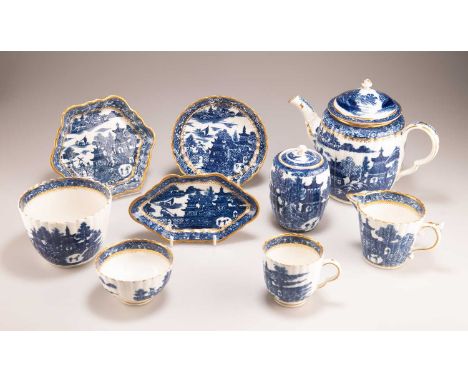 A GROUP OF CAUGHLEY 'SALOPIAN' BLUE AND WHITE TEA WARES, CIRCA 1785 in the 'Temple' pattern, comprising a ribbed barrel-form 