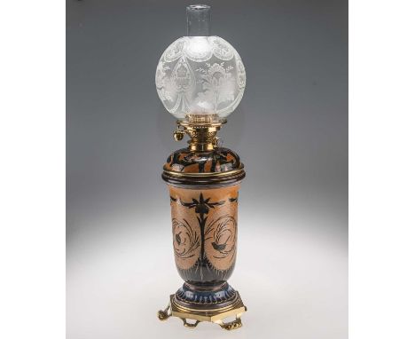 A LARGE DOULTON LAMBETH PÂTE-SUR-PÂTE STONEWARE OIL LAMP, LATE 19TH CENTURY probably by Florence E. Barlow, of tall flared fo