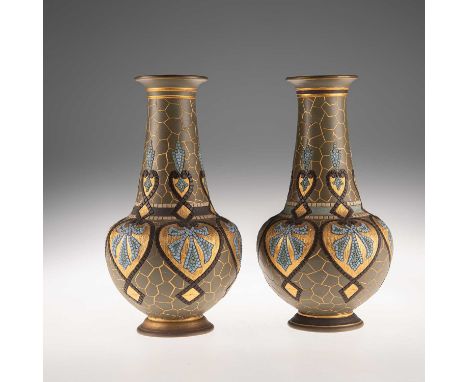 ELIZA SIMMANCE FOR DOULTON LAMBETH, A PAIR OF LATE 19TH CENTURY SILICON WARE BOTTLE VASES with tall flared necks, mosaic deco