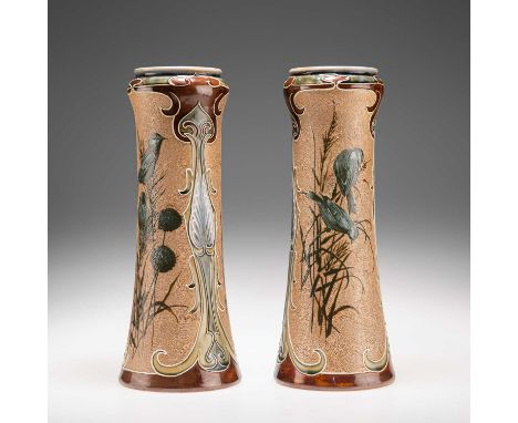 FLORENCE E. BARLOW FOR DOULTON LAMBETH, A PAIR OF LATE 19TH CENTURY PÂTE-SUR-PÂTE STONEWARE VASES of tapering cylindrical for