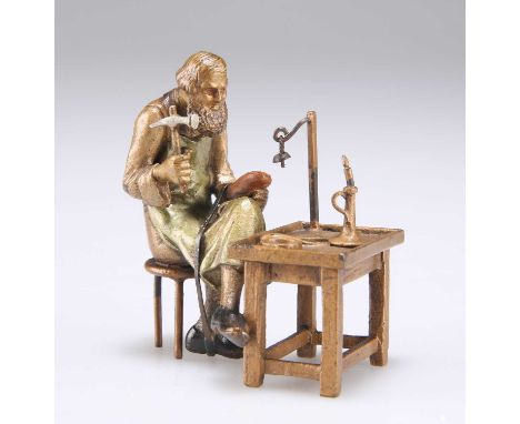 AFTER FRANZ BERGMAN (AUSTRIAN 1861 -1936), AN AUSTRIAN COLD PAINTED BRONZE FIGURE OF A COBBLER modelled sitting with tools at