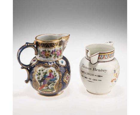 AN ENGLISH PEARLWARE JUG, CIRCA 1810; AND A SAMSON BLUE-SCALE GROUND JUG the pearlware jug painted with the Farmers Arms and 