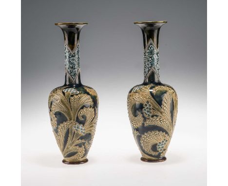 ELIZA SIMMANCE FOR DOULTON LAMBETH, A PAIR OF LATE 19TH CENTURY STONEWARE BOTTLE VASES with tall flared necks, decorated with