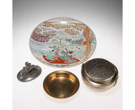 JUST ANDERSEN, A DANISH BRONZE DISH AND A PEWTER GROUP DESIGNED BY ARNO MALINOWSKI the dish decorated with mermaids and fish,