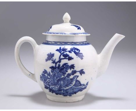 A JOHN PENNINGTON LIVERPOOL BLUE AND WHITE TEAPOT AND COVER, CIRCA 1770-80 'Two Quails' pattern. Length across handle and spo
