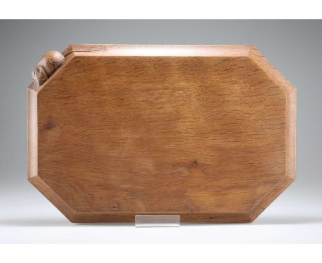 ROBERT THOMPSON OF KILBURN, A MOUSEMAN OAK CHOPPING BOARD of large proportions, elongated octagonal form, adzed top, with car