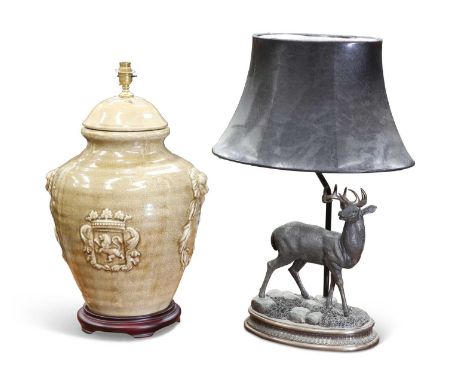 TWO TABLE LAMPS the first in Chinese style, in the form of a vase; the second moulded as a deer. (2) First 59cm high to top o