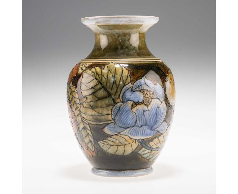 MARK V. MARSHALL FOR DOULTON LAMBETH, A STONEWARE VASE of baluster form with a flared neck, decorated with birds, flowers and