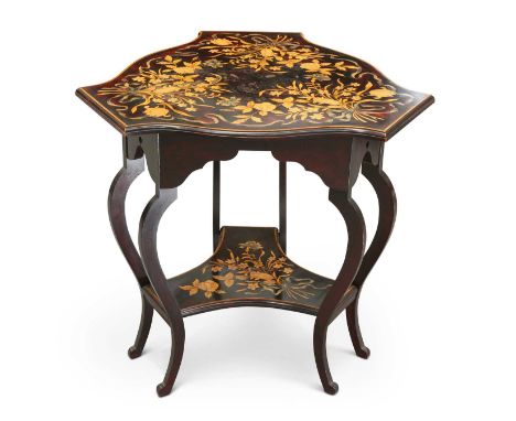 A POKER WORK TABLE, CIRCA 1900 the shaped moulded top decorated with three ribbon-tied floral sprays, raised on three pairs o