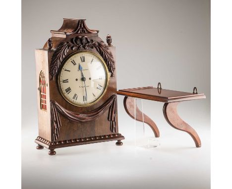 A VICTORIAN MAHOGANY TABLE CLOCK, SIGNED E. BELLION, LIVERPOOL, CIRCA 1850 arched pediment, acorn side finials, side sound fr