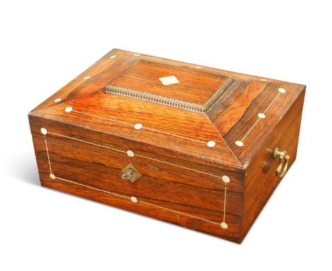 A REGENCY MOTHER-OF-PEARL INLAID ROSEWOOD SEWING BOX rectangular, with brass axe-head handles, the interior with lift-out tra