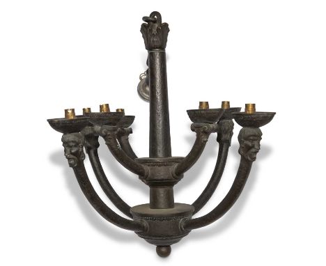 AN UNUSUAL BRONZE CHANDELIER, POSSIBLY SCANDINAVIAN, EARLY 20TH CENTURY the central tapering column issuing two tiers of four