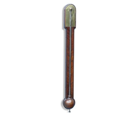 A GEORGE III FEATHERED MAHOGANY STICK BAROMETER, BY MORGAN, LONDON, CIRCA 1770 with arch-top and brass dial. 95cm highThe mer