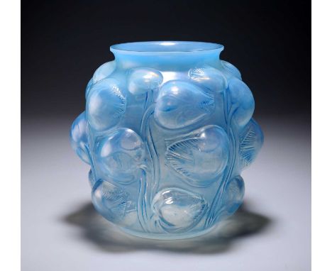 RENÉ LALIQUE (FRENCH, 1860-1945), AN OPALESCENT BLUE STAINED 'TULIPES' VASE opalescent glass, press-moulded and polished with