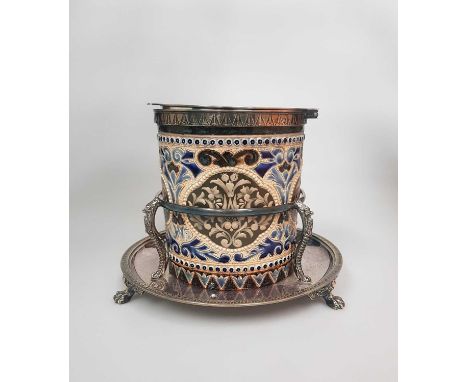 ELIZA SIMMANCE FOR DOULTON LAMBETH, A LATE 19TH CENTURY SILVER PLATE-MOUNTED STONEWARE BISCUIT BARREL of cylindrical form wit