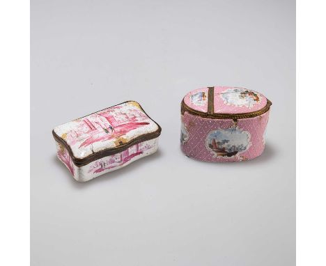 TWO 18TH CENTURY ENAMEL SNUFF BOXES the first rectangular with serpentine outline, the second of high oval form, (a/f). (2) F